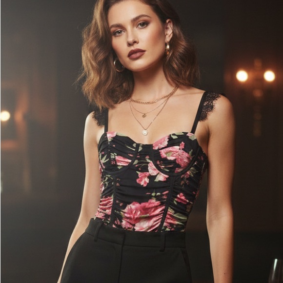 Lulu's Black and Pink Floral Bodysuit - Picture 2 of 6